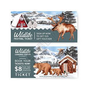 冬季动物券设计 配有山 雪 驼鹿水彩色插图高清图片
