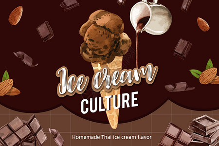 冰淇淋框架设计 配有巧克力水彩色插图背景图片