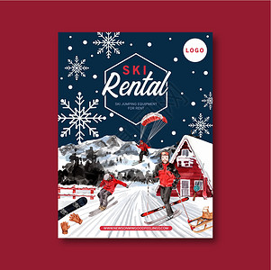 冬季运动海报设计配有滑雪跳跃 天空 雪水彩画背景图片
