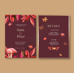 婚礼红毯邀请新娘水彩设计 有美丽的秋季主题 红调矢量插图 Name插画