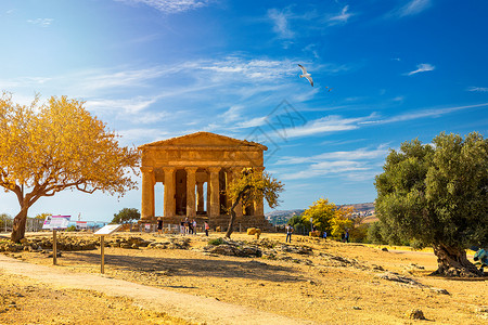 圣殿谷 康科迪亚寺庙 这是在公元前五世纪建造的古希腊神庙 Agrigento 西西里古董宗教地标遗产山谷柱子考古学文明建筑学历史背景