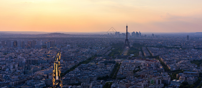巴黎拉德芳斯巴黎 埃菲尔铁塔和拉德芳斯商业区的全景鸟瞰图 日落时的巴黎鸟瞰图 巴黎天际线与艾菲尔铁塔和的全景 法国巴黎旅游地标旅行天空建筑学背景