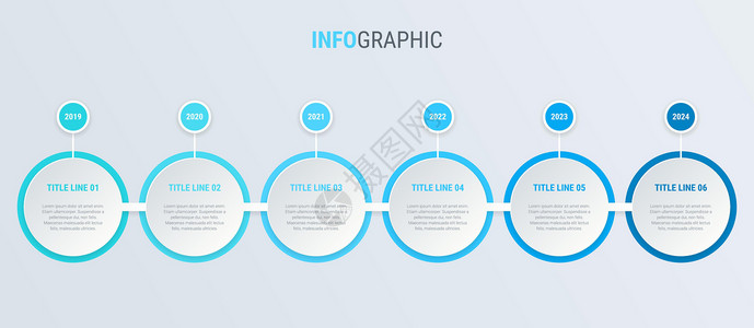 蓝色图表 信息图表模板 包含 6 个步骤的时间轴 业务的圈子工作流程 矢量设计背景图片