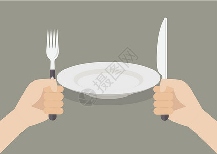 手握餐具刀和叉餐具手握白盘插画