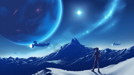 驱逐舰一位女士站在峰顶望着天空中可居住星球的广阔山景 在一个未知的星球上设计图片