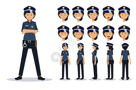 不同观点的女警察 卡通风格 Flat矢量字符插图背景图片