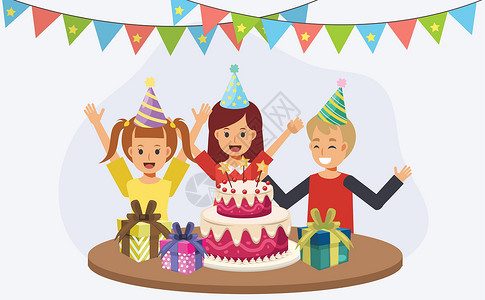生日聚惠孩子们在生日聚会上 生日蛋糕的孩子们 生日快乐派对概念 平面卡通人物矢量插图插画