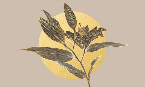 花朵金色线画图 配有Taupe 双月和金圆圆月背景图片