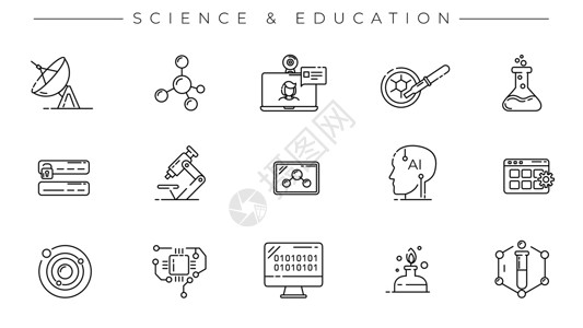 科学养育视频边框科学和教育概念线条风格矢量图标集齿轮器皿图表编程代码密码物理化学测试实验插画