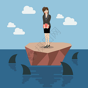 女人精水素材一个被鲨鱼包围的小岛上无助的女商务人士设计图片