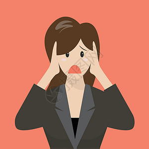 女性头痛烦恼捂住耳朵的女商务人士插画
