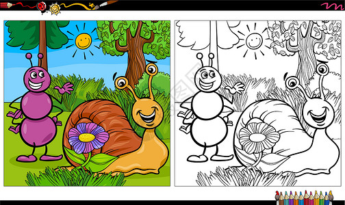 卡通蚂蚁和蜗牛人物着色书 pag插画