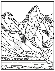 黑白素材涂色杰克逊洞或杰克逊洞与提顿山脉的背景位于美国怀俄明州单线或单线黑白线艺术背景