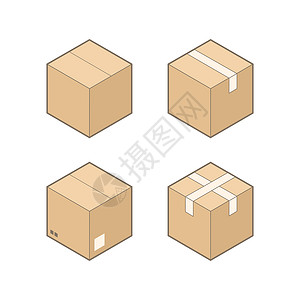 在纸板家猫一套四个等距纸板箱隔离在白色背景插画