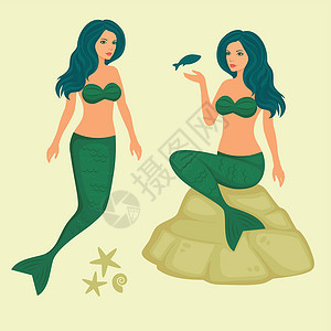 矢量海美人鱼故事卡通片航海尾巴女士警笛头发插图女性海洋背景图片