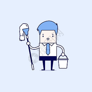 手拿拖把的男性清洁工拿着拖把和水桶的商务人士 清洁工作场所的概念 卡通人物细线风格矢量插画