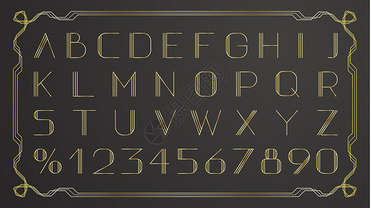 欧美简单边框黑色背景上的复古金色薄复古字体 复古矢量金色边框设计图片