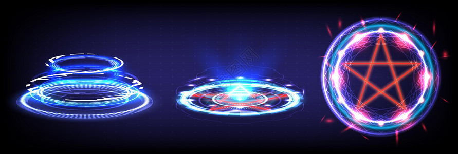 科学未来派的全息图门户 发光的 HUD 中的科幻数字高科技收藏 奇幻游戏中的魔法传送门 抽象技术 圆形传送讲台  GUIUI 虚背景图片