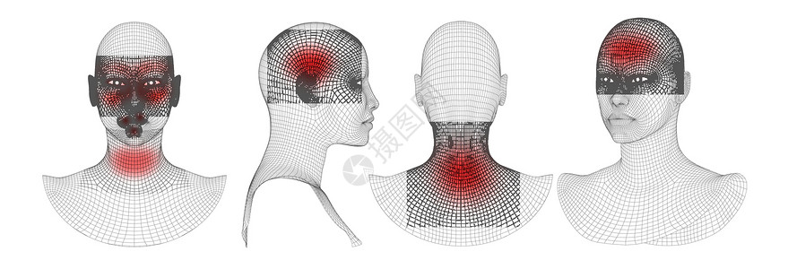 女脖子有头疼问题的英俊的年轻白种人 生病和疲倦的病脸的头部和偏头痛肖像 疾病和压力背景 健康线框头部模型 因寺庙问题而感到压力的人 女插画