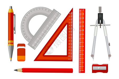 标尺测量一套标尺仪器和学校设备隔离在白色背景设计图片