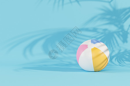 夏季蓝色背景 带充气沙滩球和热带树叶阴影空间最小 3d 插图 rende背景图片