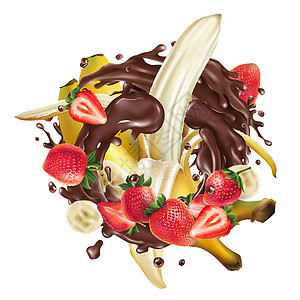 香蕉和草莓 在巧克力飞溅餐厅甜点水果味道液体可可美食食谱厨房菜单背景图片
