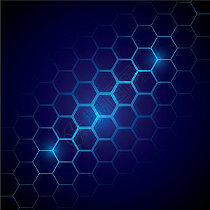 蓝色六边形背景未来派蓝色蜂窝图案 六角形概念背景风格商业金属材料黑色六边形装饰墙纸灰色科幻插画