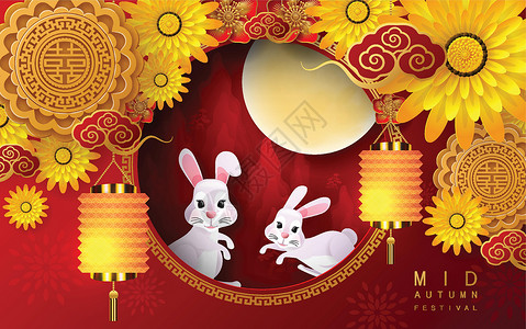 中秋07月亮插图文化兔子天空庆典节日灯笼女士卡片背景图片