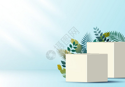 柔和蓝色背景上的 3D 逼真白色立方体 用于展示带热带树叶装饰的产品插画