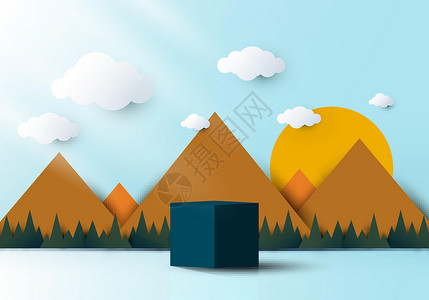 具有自然景观的 3D 逼真蓝色立方体形基座讲台太阳陈列柜插图正方形展示产品场景立方体盒子广告背景图片