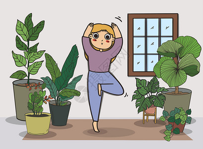 年轻女孩在做瑜伽做瑜伽的女人待在家里 锻炼概念在舒适的现代室内设计图片