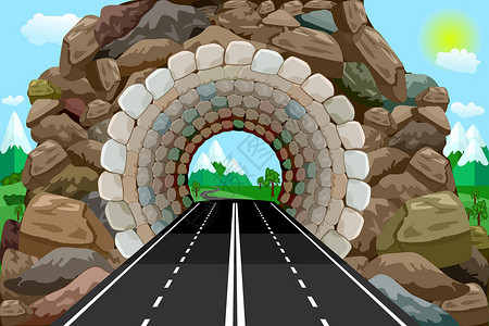 高速公路入口隧道出口处有高速公路和山脉 高速公路隧道路通道农村入口街道旅行卡通片高架运输安全立交桥插画