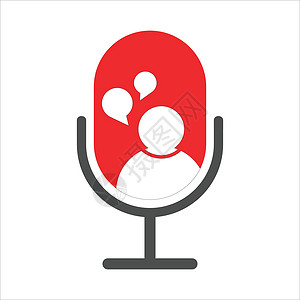 小记者logo设计麦克风和人与对话气泡的图标 播客 广播媒体的概念 请访问 Podcast技术娱乐音乐插图记者红色记录工具演讲工作室插画