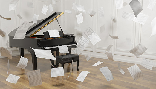 纸壳钢琴素材房间里的三角钢琴有很多乐谱掉落背景