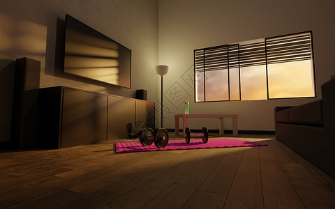 一所房屋起居室的小型简易健身房沙龙渲染客厅肌肉地面平衡瑜伽练习窗户运动背景图片