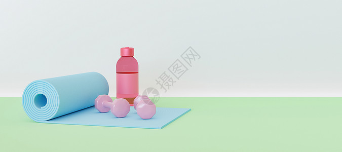 粉色瓶子带有哑铃和装有文字空间的水瓶的操练垫子背景