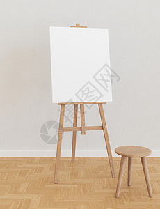 带空白画布的flel艺术家标语凳子画廊3d画架绘画木地板广告牌镜框背景图片