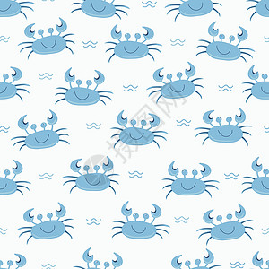 冒号与螃蟹无缝可爱的蓝蟹图案卡通手绘动物涂鸦 矢量图背景 有趣的螃蟹与波浪生活打印海滩假期漫画野生动物海鲜婴儿卡通片插图插画