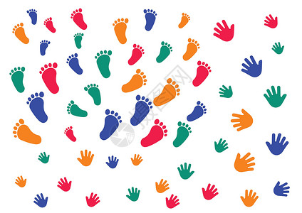 儿童手印和脚印 白色背景上孤立的彩色手印和脚印背景图片