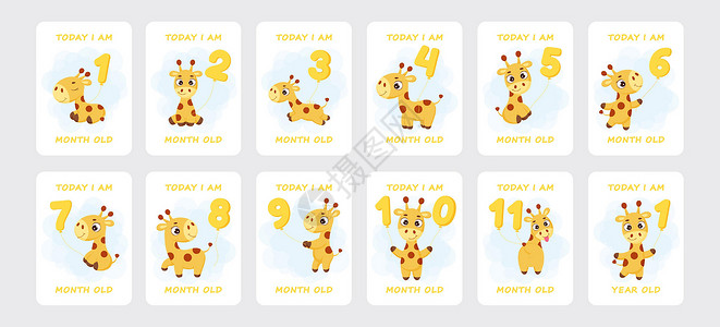 婴儿里程碑卡片 上面有可爱的小长颈鹿 在新生儿女孩或男孩的数字气球上飞翔 婴儿月周年纪念卡 捕捉所有特殊时刻的苗圃印刷品 股票矢背景图片