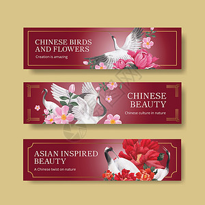 带有鸟和中国花卉概念的横幅模板 水彩风格装饰品植物动物插图植物群广告鸟类文化营销手工背景图片