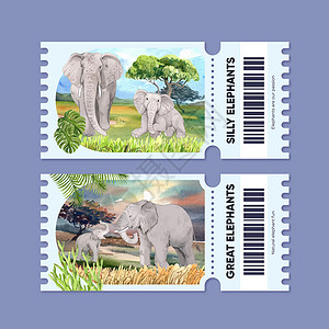具有大象趣味概念 水彩风格的票证模板绘画力量灰色插图哺乳动物动物园动物荒野獠牙树干背景图片