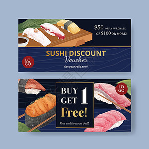 具有优质寿司概念 水彩风格的凭证模板插图营销奢华饮食广告食物午餐美食盘子海鲜背景图片