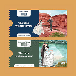 带有美国国家公园概念的门票模板 水彩风格旅行悬崖婚礼卡通片广告砂岩冒险插图洞穴公园背景图片