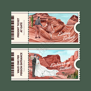 带有美国国家公园概念的门票模板 水彩风格旅行地面砂岩卡通片插图岩石广告悬崖洞穴公园背景图片