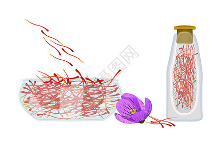 干藏红花在白色背景上分离的一组藏红花 碗和瓶中的干香料藏红花线设计图片
