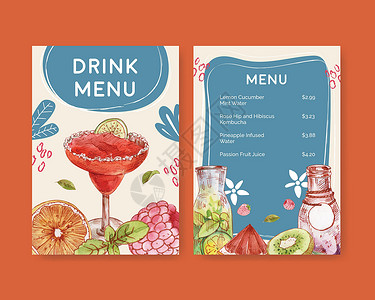 鸡尾酒菜单具有茶点饮料概念 水彩风格的菜单模板传单派对酒吧插图营销小册子广告酒精水果液体插画