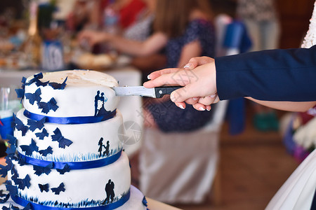新娘蛋糕新娘和新郎一对夫妇的手 切了婚礼蛋糕背景