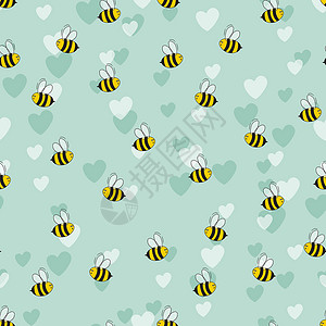 与蜜蜂和心在彩色背景上的无缝模式 小黄蜂 矢量图 可爱的卡通人物 邀请卡纺织面料的模板设计 涂鸦样式动物工人乐趣插图熊蜂漏洞卡通背景图片