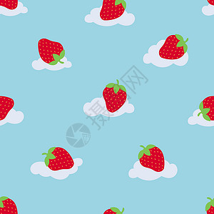 云无缝模式上的可爱草莓 为衣服的设计草图元素 矢量图背景图片